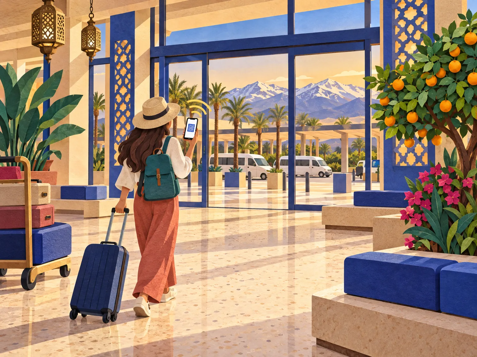 Paper-cut collage: a traveller with a suitcase and a phone showing a QR code walks out of an airport arrivals hall past shuttle vans, palm trees and a warm evening sky.