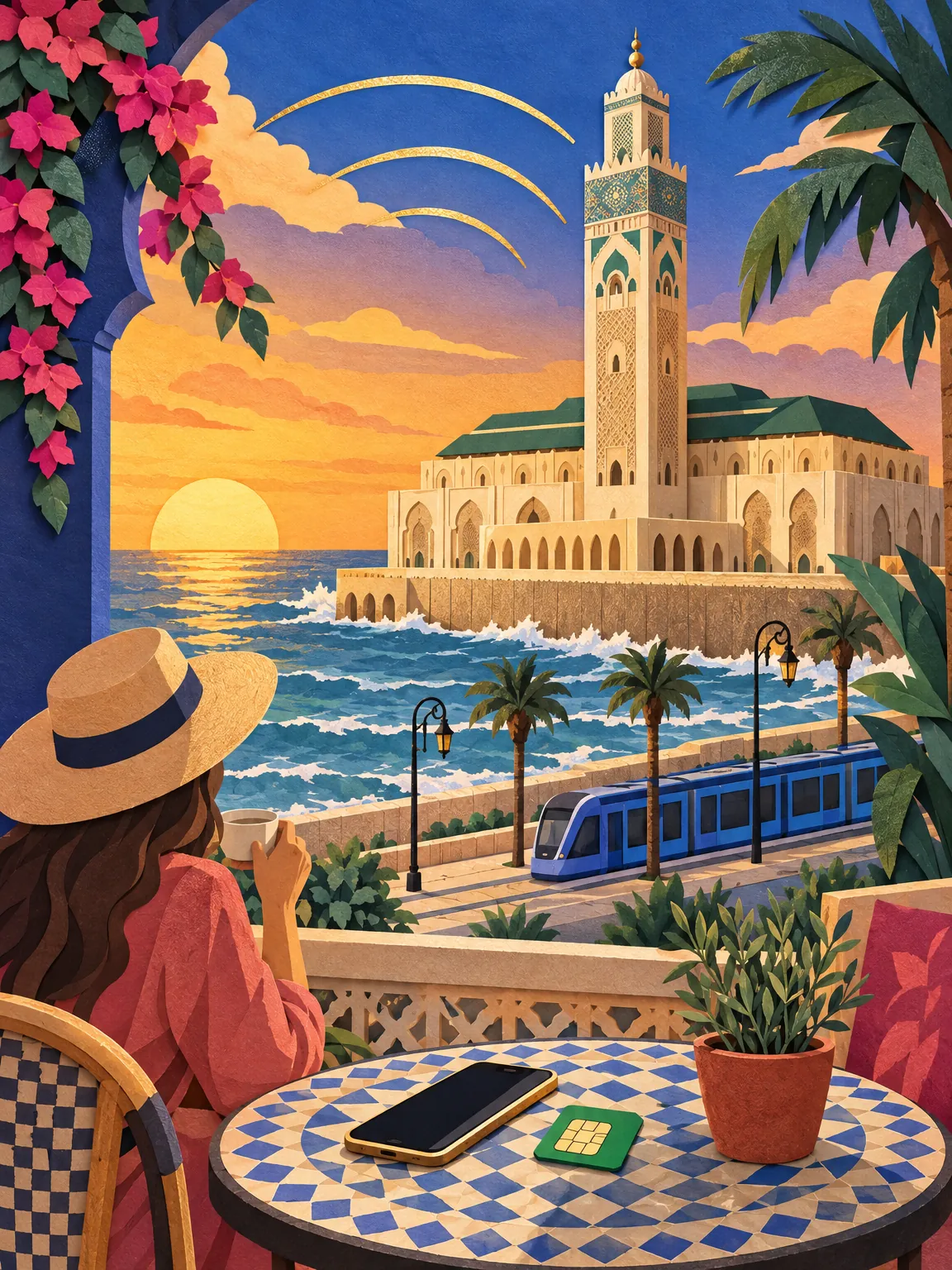 Paper-cut collage of Casablanca: the Hassan II Mosque above the Atlantic with a tram passing, a phone and a SIM card on a café table.