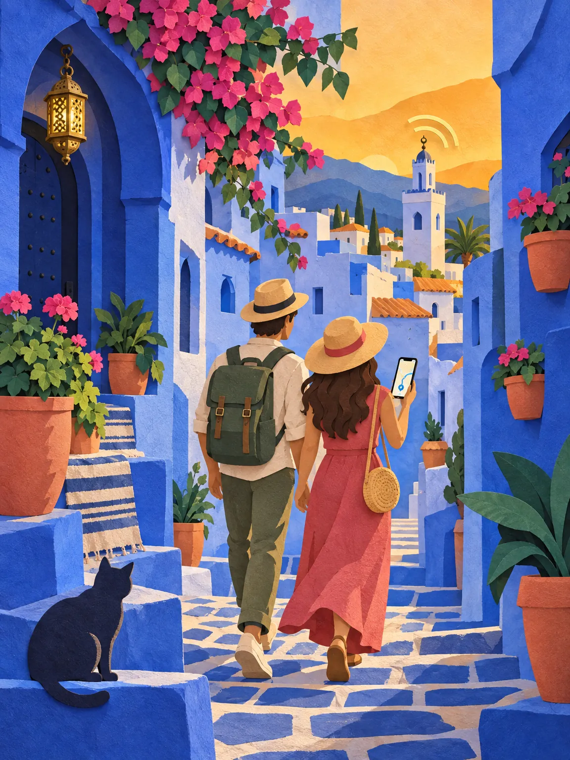 Paper-cut collage: two travellers walk a blue-and-white Chefchaouen lane at golden hour, a phone in hand, orange trees in the foreground.