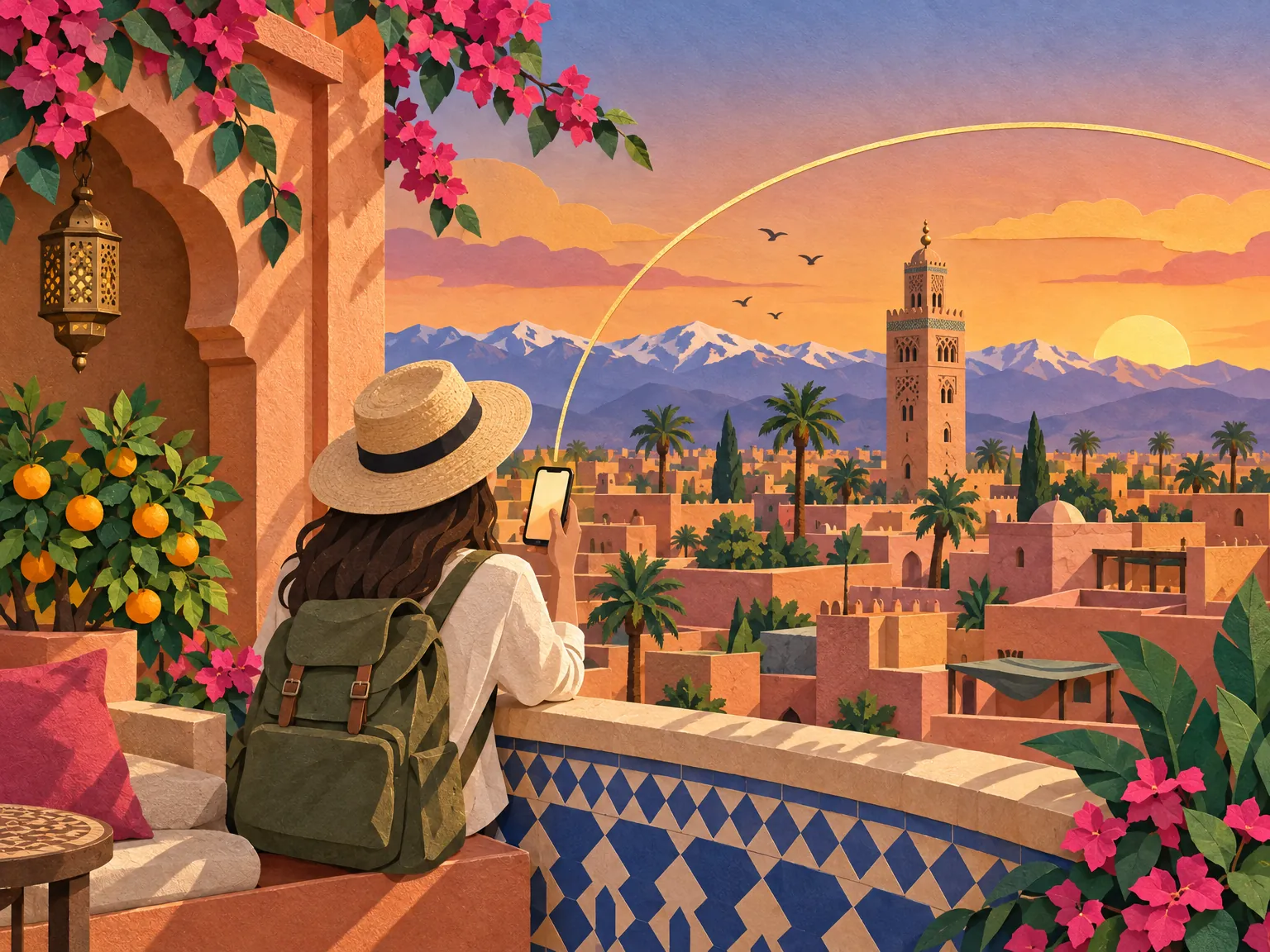 Paper-cut collage: a traveller in a straw hat checks a phone on a Marrakech rooftop with the Koutoubia minaret and the snow-capped Atlas Mountains behind, orange trees in the foreground.