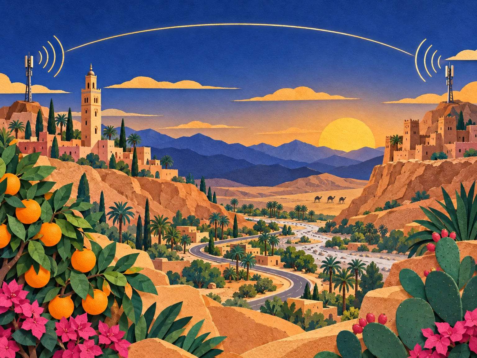 Paper-cut collage landscape: two signal towers, one on a Marrakech rooftop with the Koutoubia behind and one on a desert ridge beside a kasbah, joined by a glowing arc over orange trees.