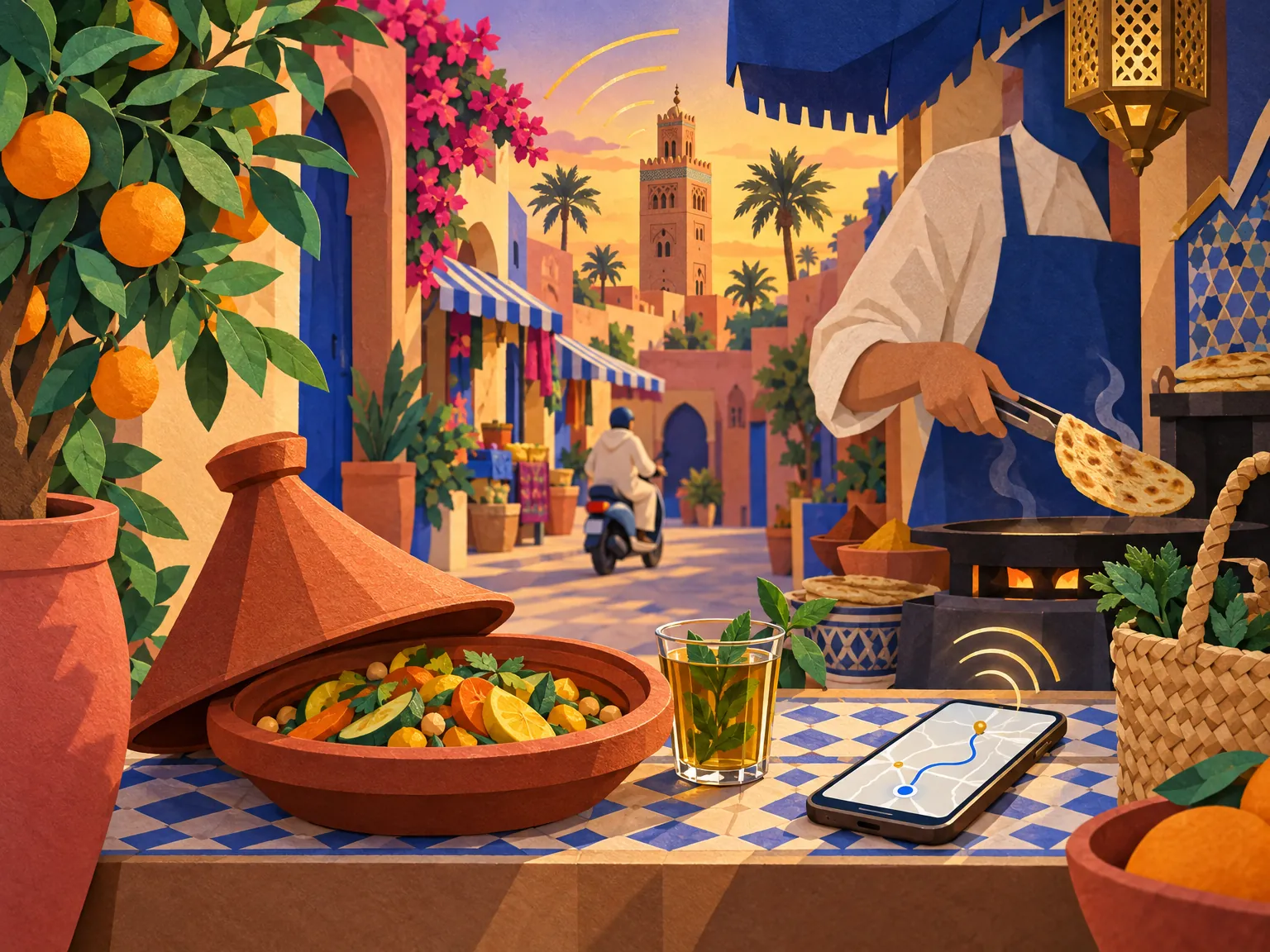 Paper-cut collage: a phone with a map route on a Marrakech street counter beside a tagine and a glass of mint tea, a scooter and an orange tree behind.