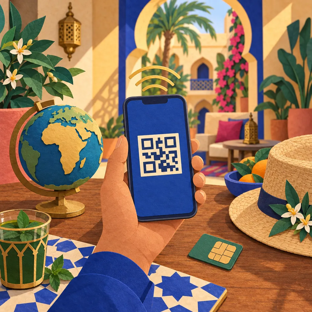 Paper-cut collage: a hand holds a phone showing a QR code beside a small globe with Africa facing out, a SIM card, a straw hat and orange blossoms.
